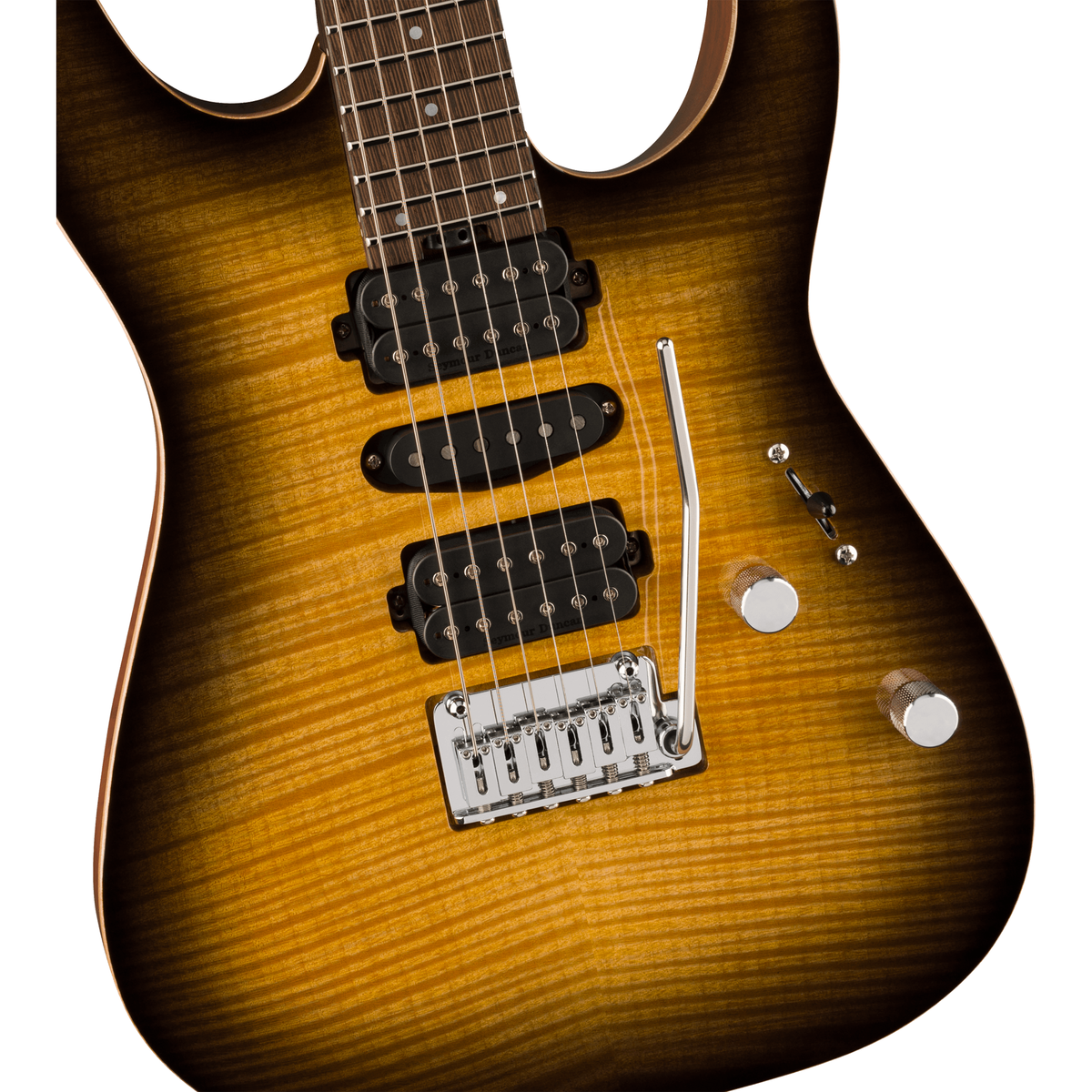 Charvel MJ DK24 HSH 2PT W Mahogany w/ Flame Maple Electric Guitar - Antique Burst - View 6 | MusicMarket