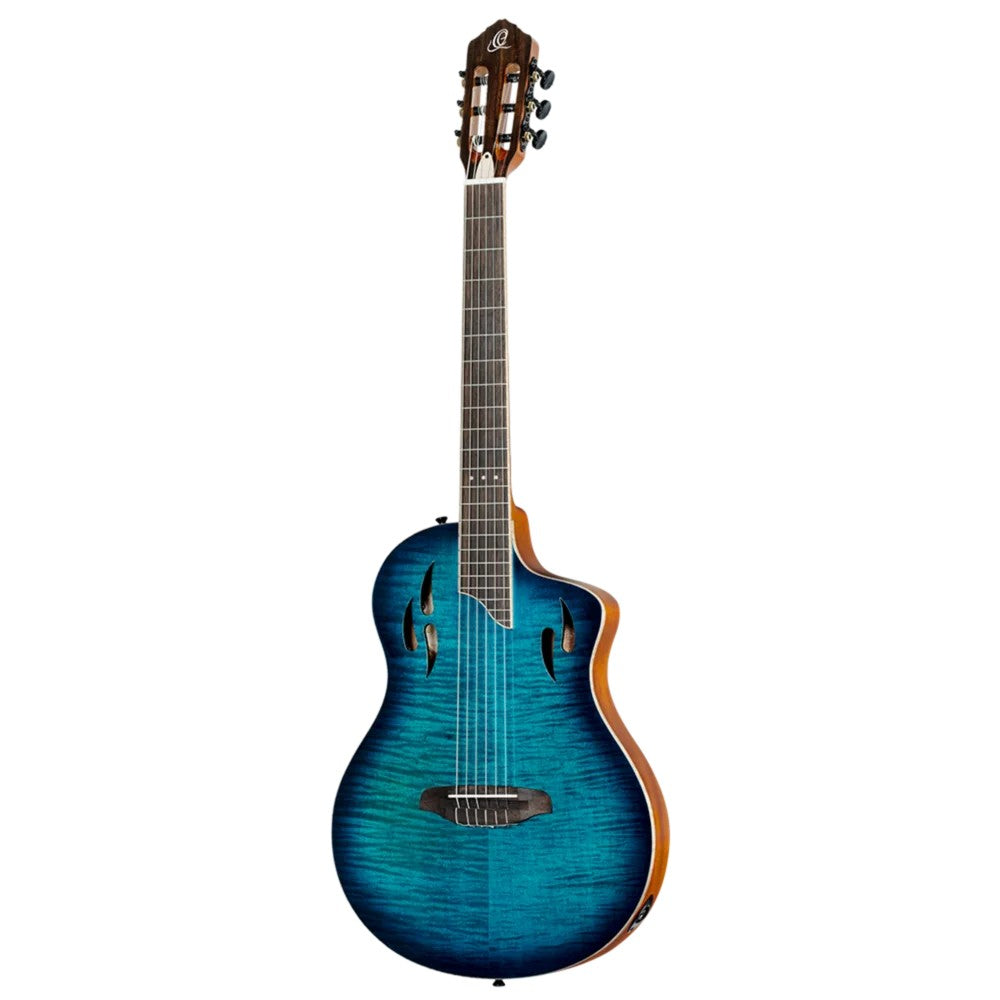 Ortega Tour Player Series Thinline Crossover Nylon String Acoustic Electric - Flamed Maple Blue - View 3 | MusicMarket