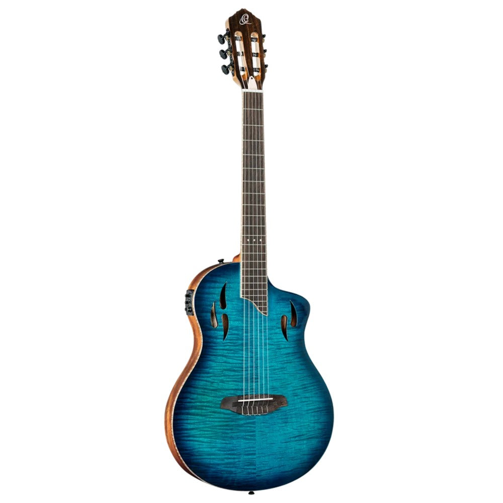 Ortega Tour Player Series Thinline Crossover Nylon String Acoustic Electric - Flamed Maple Blue - View 2 | MusicMarket