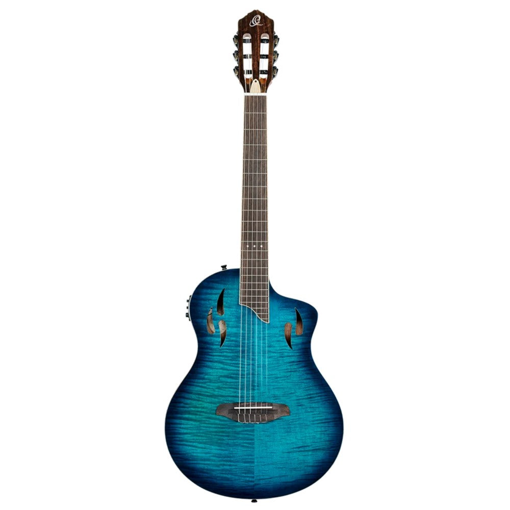 Ortega Tour Player Series Thinline Crossover Nylon String Acoustic Electric - Flamed Maple Blue - MusicMarket