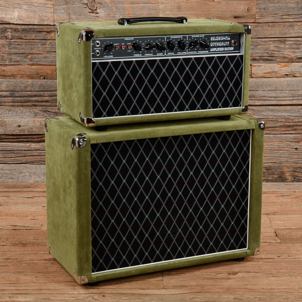 Amplified Nation Bombshell Overdrive 100-Watt Head w/ Matching Open Back 1x12" Green Suede - MusicMarket