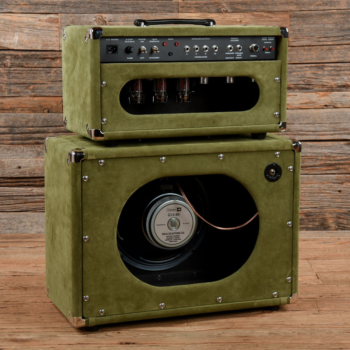 Amplified Nation Bombshell Overdrive 100-Watt Head w/ Matching Open Back 1x12" Green Suede - View 2 | MusicMarket