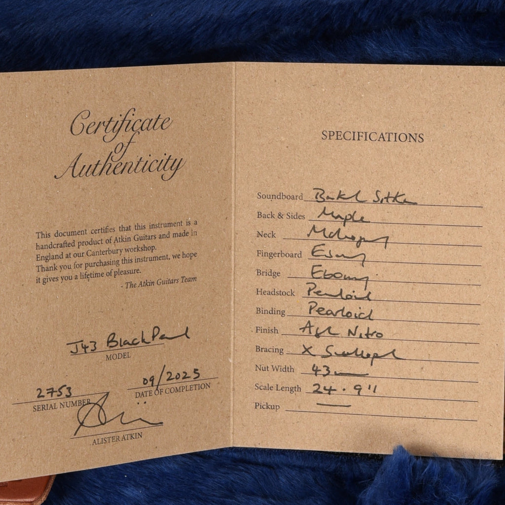 Atkin J43BP Sitka Top Maple Back and Sides Black 2023 - View 10 | MusicMarket