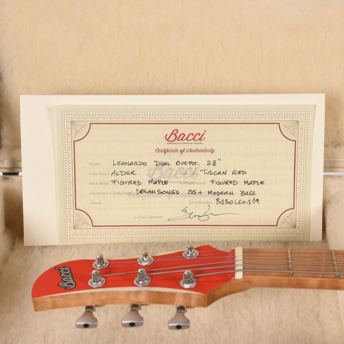 Bacci Leonardo Officina Baritone Tuscan Red w/Figured Maple Neck - View 9 | MusicMarket