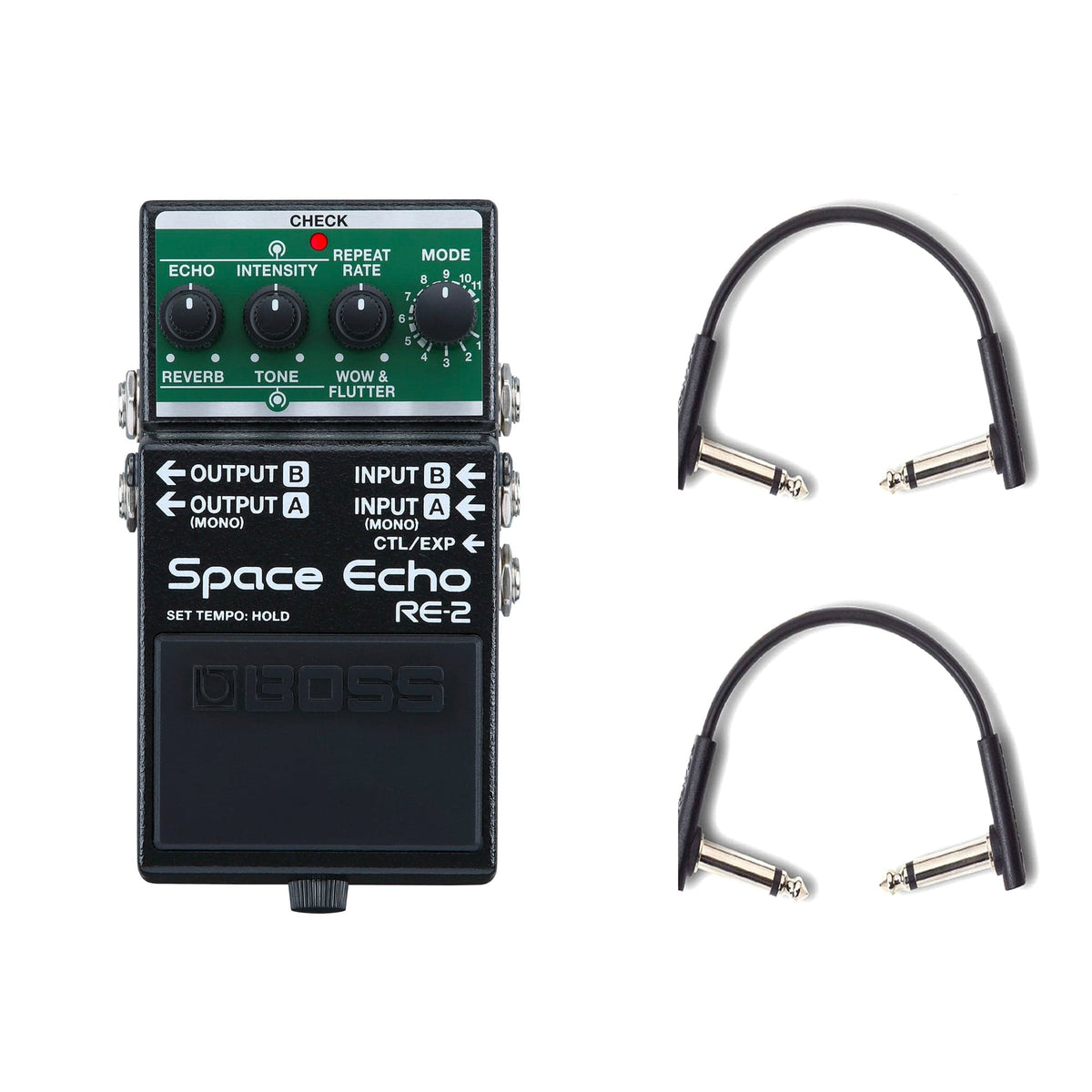 Boss RE-2 Space Echo Delay/Reverb Pedal w/(2) Rockboard Flat Patch Cables Bundle - MusicMarket