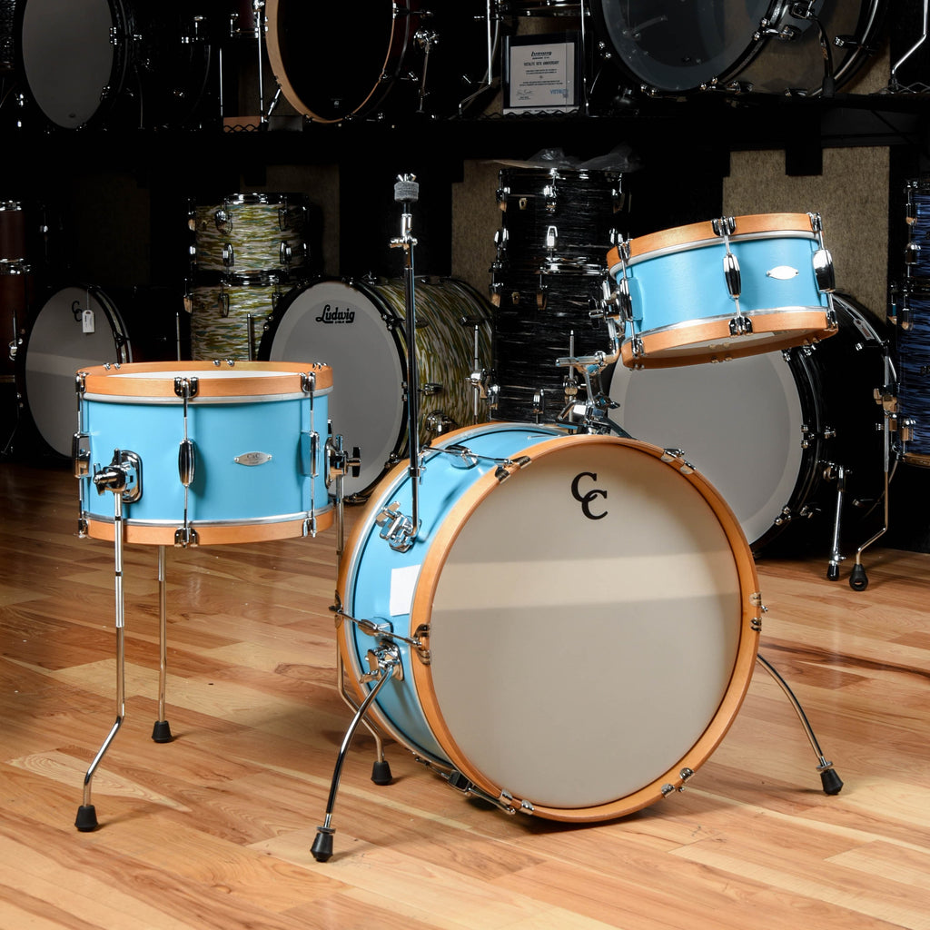 C&C Super Flyer 12/14/20 3pc. Drum Kit Tweedy Blue Satin w/Aged Maple Hoops - MusicMarket