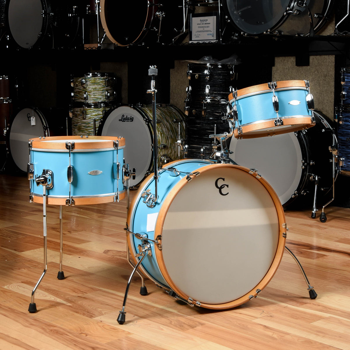 C&C Super Flyer 12/14/20 3pc. Drum Kit Tweedy Blue Satin w/Aged Maple Hoops - MusicMarket