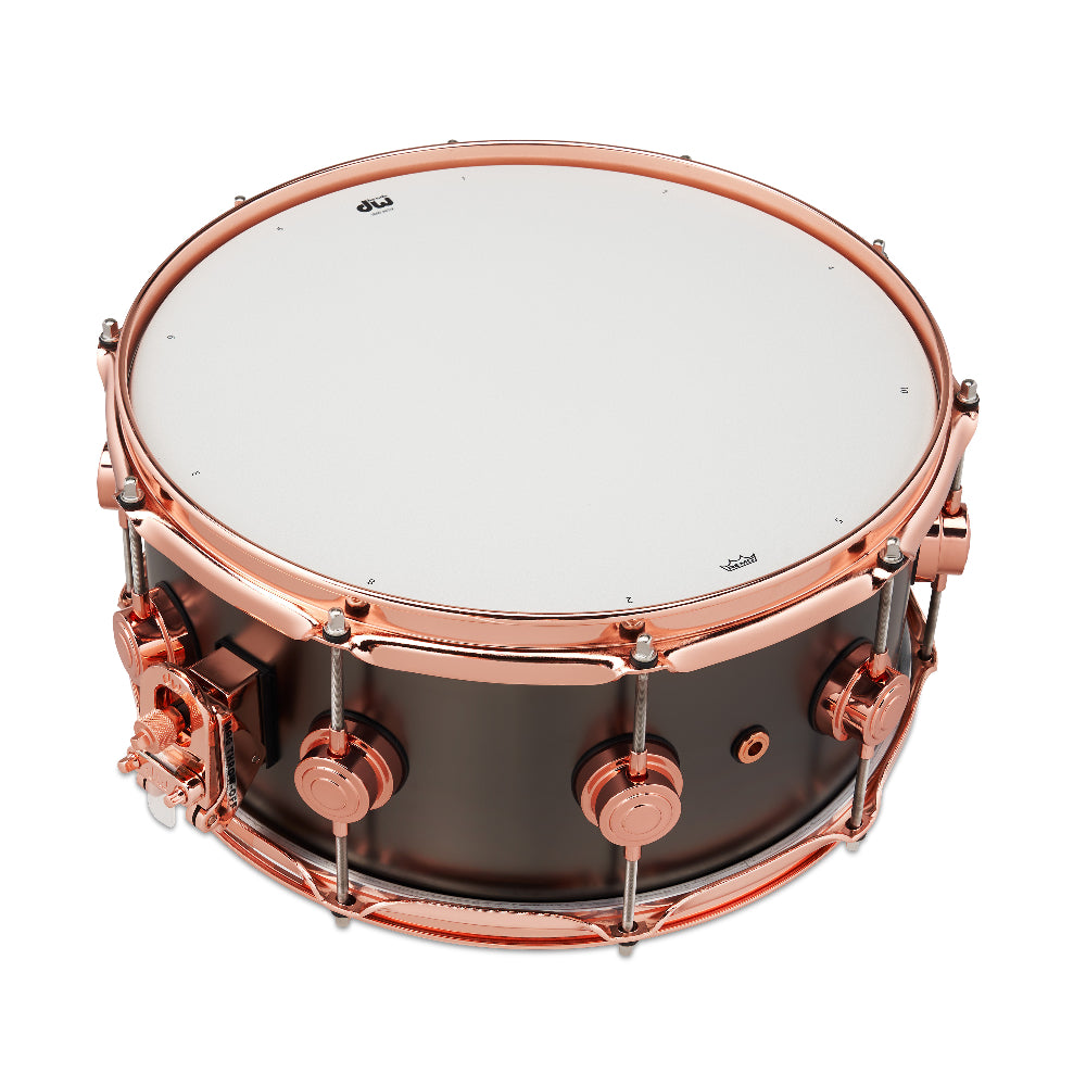 DW Collector's Series 6.5x14 Satin Black Brass Snare Drum w/ Copper Hardware - View 2 | MusicMarket