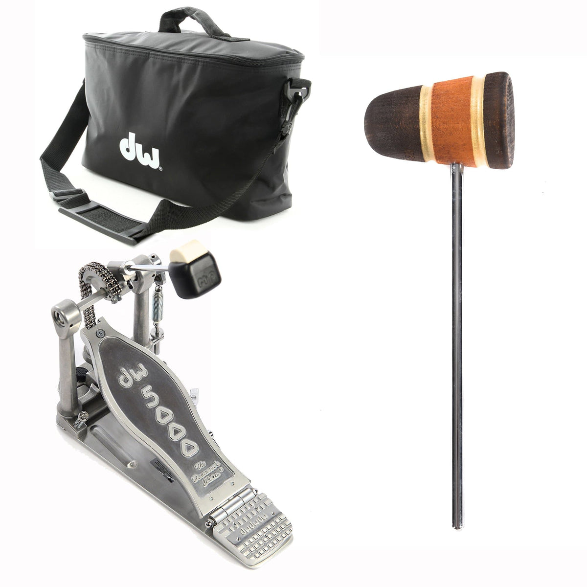 DW 5000 Modern Retro Accelerator Single Bass Drum Pedal Bundle w/Bag & Low Boy Standard Wood Med Brown/Amber/Med