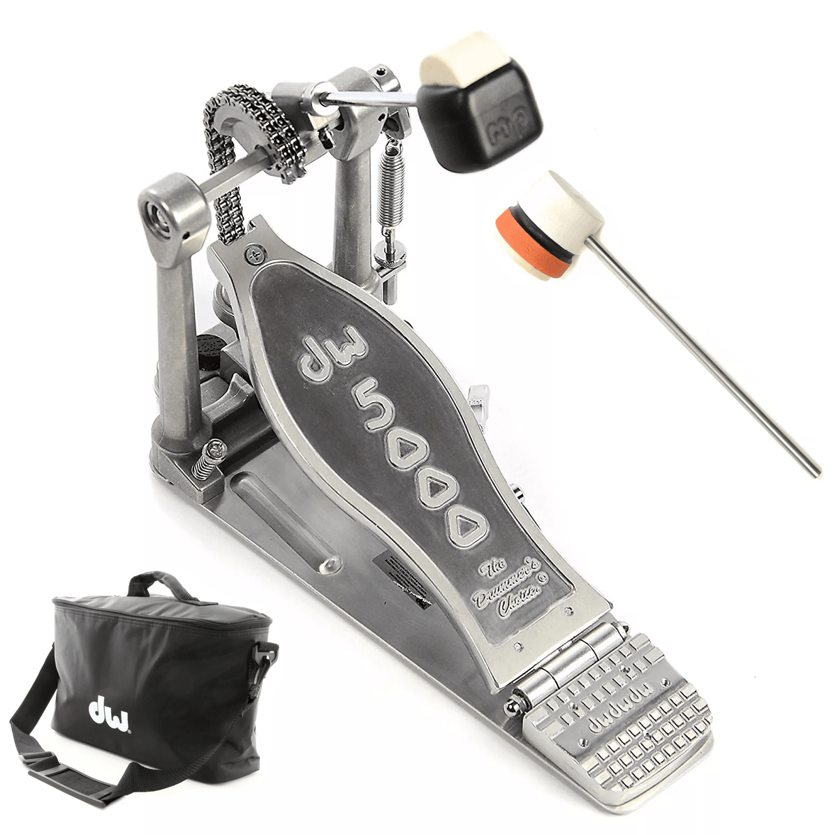 DW 5000 Modern Retro Turbo Single Bass Drum Pedal Bundle w/Bag & Low Boy Lightweight Felt Daddy White/Orange/Black