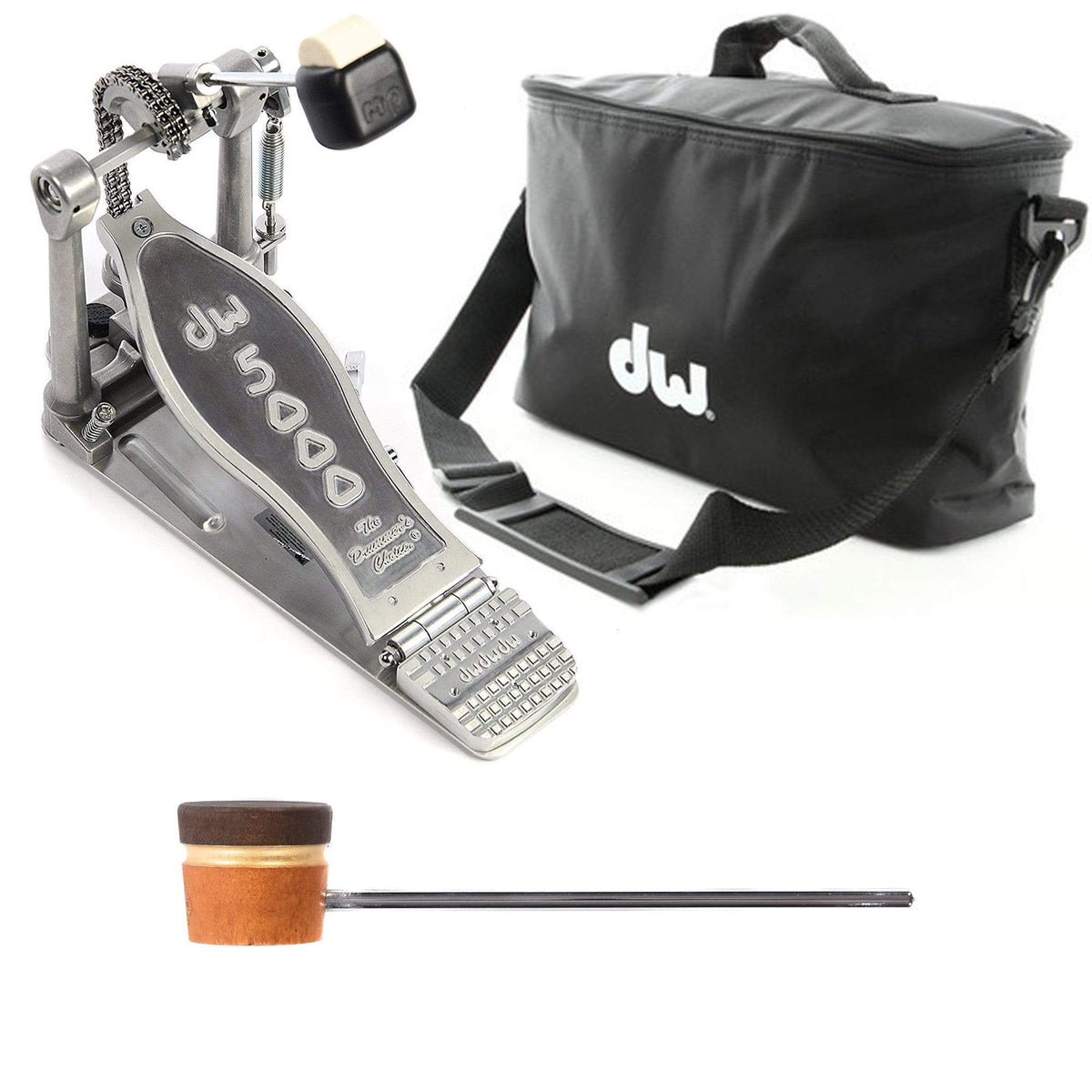 DW 5000 Modern Retro Turbo Single Bass Drum Pedal Bundle w/Bag & Low Boy Lightweight Wood Amber/Brown/Gold Stripe