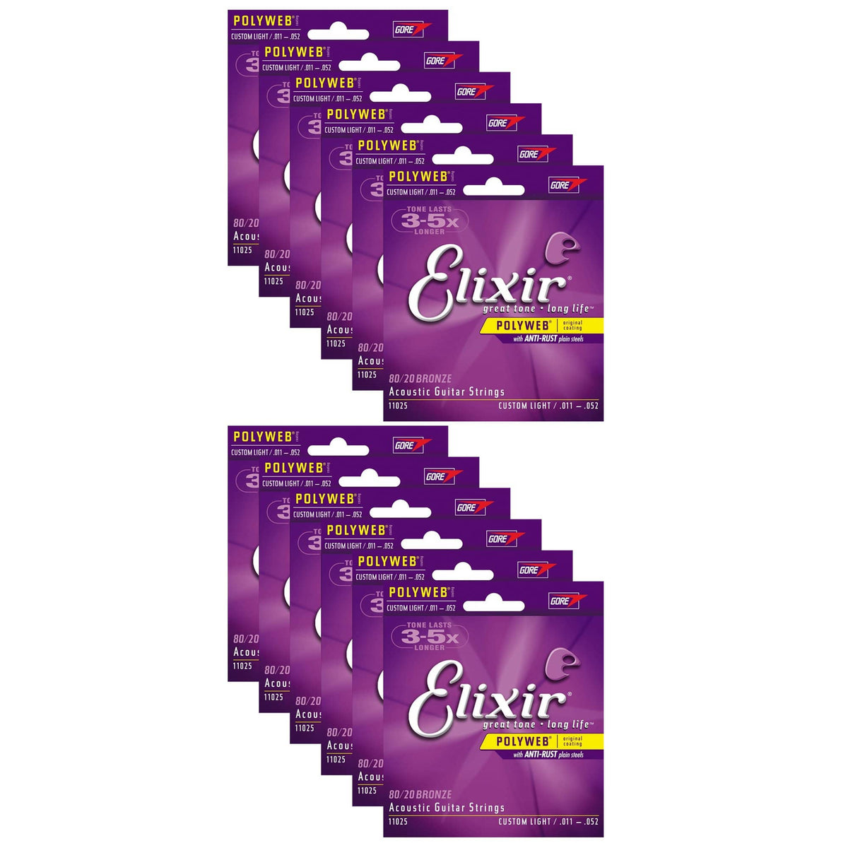 Elixir 11025 Acoustic 80/20 Poly Custom Light 11-52 (12 Pack Bundle) - MusicMarket