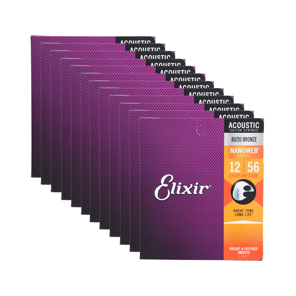 Elixir 11077 Acoustic 80/20 Bronze Nanoweb Light-Medium 12-56 12 Pack Bundle - MusicMarket