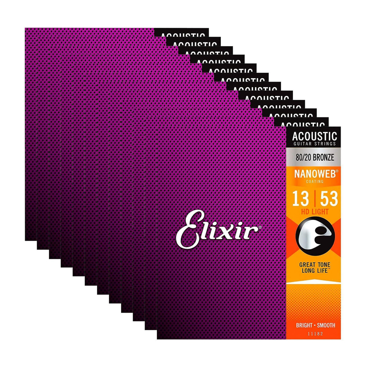 Elixir 11182 Acoustic Nanoweb 80/20 Bronze HD Light 13-53 12 Pack Bundle - MusicMarket