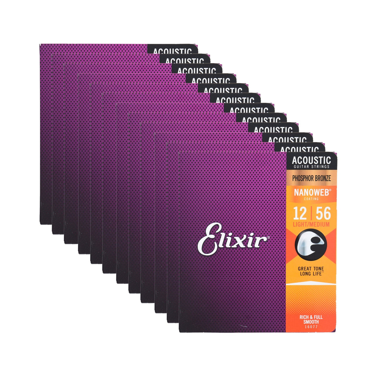 Elixir 16077 Acoustic Phospher Bronze Nanoweb Light-Medium 12-56 12 Pack Bundle - MusicMarket