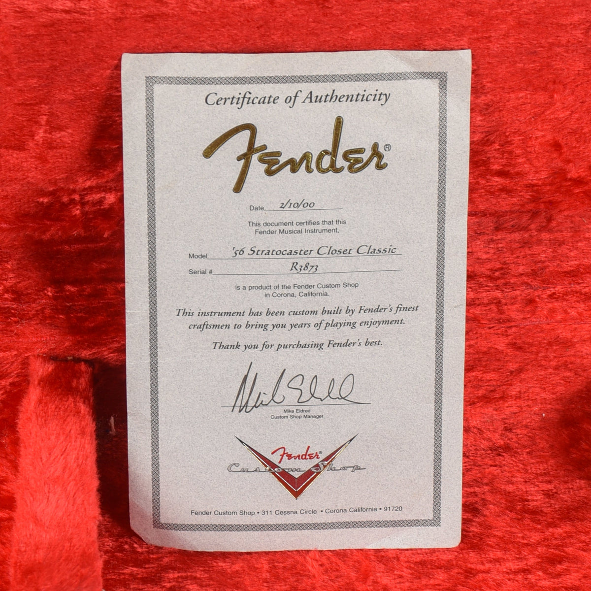 Fender Custom Shop 56 Stratocaster Closet Classic w/Replacement Neck Fiesta Red 2000 - View 10 | MusicMarket
