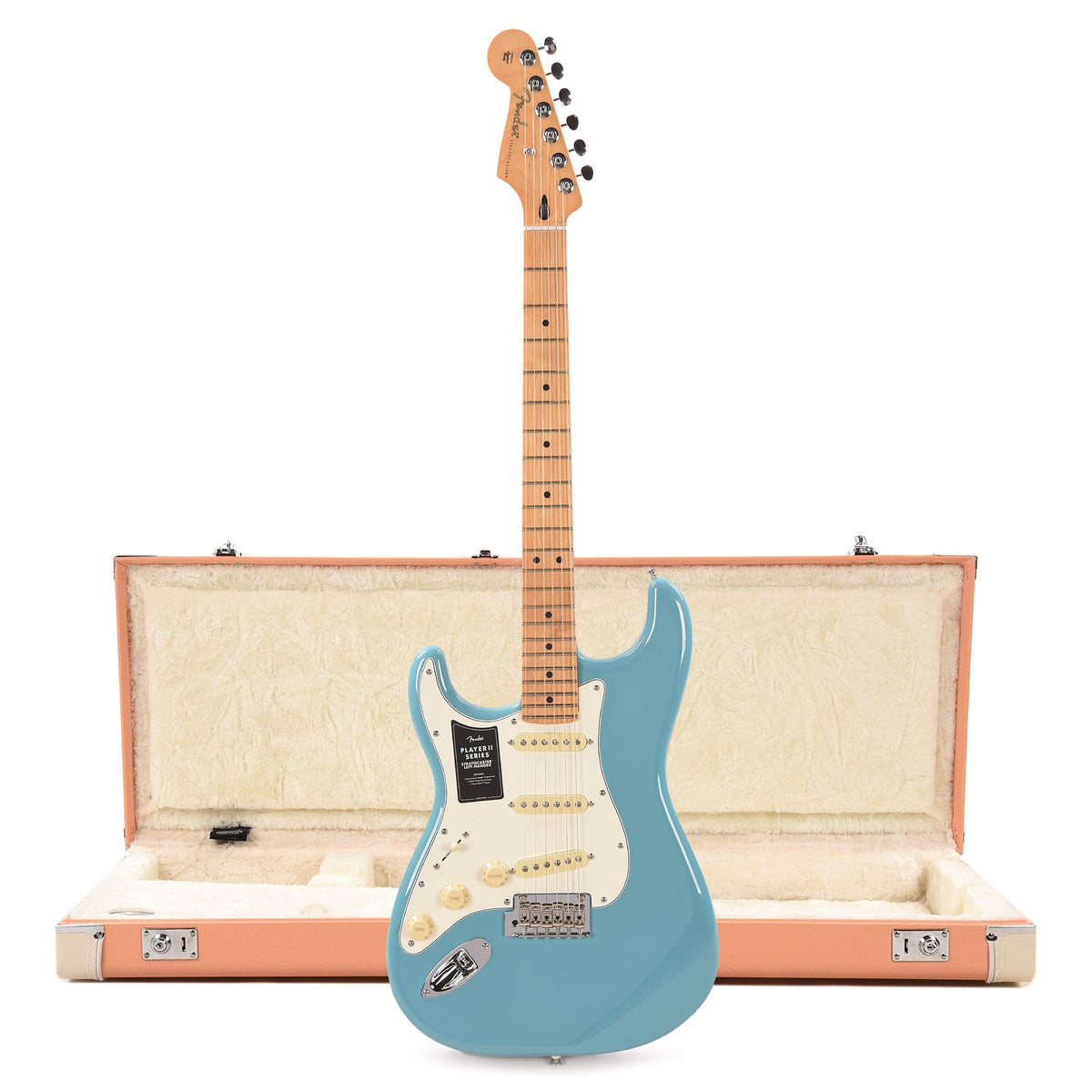 Fender Player II Stratocaster MN Aquatone Blue LEFTY and Pacific Peach Hardshell Case Bundle - MusicMarket