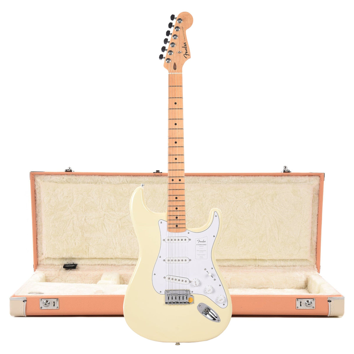 Fender Standard Stratocaster MN Olympic White and Pacific Peach Hardshell Case Bundle - MusicMarket