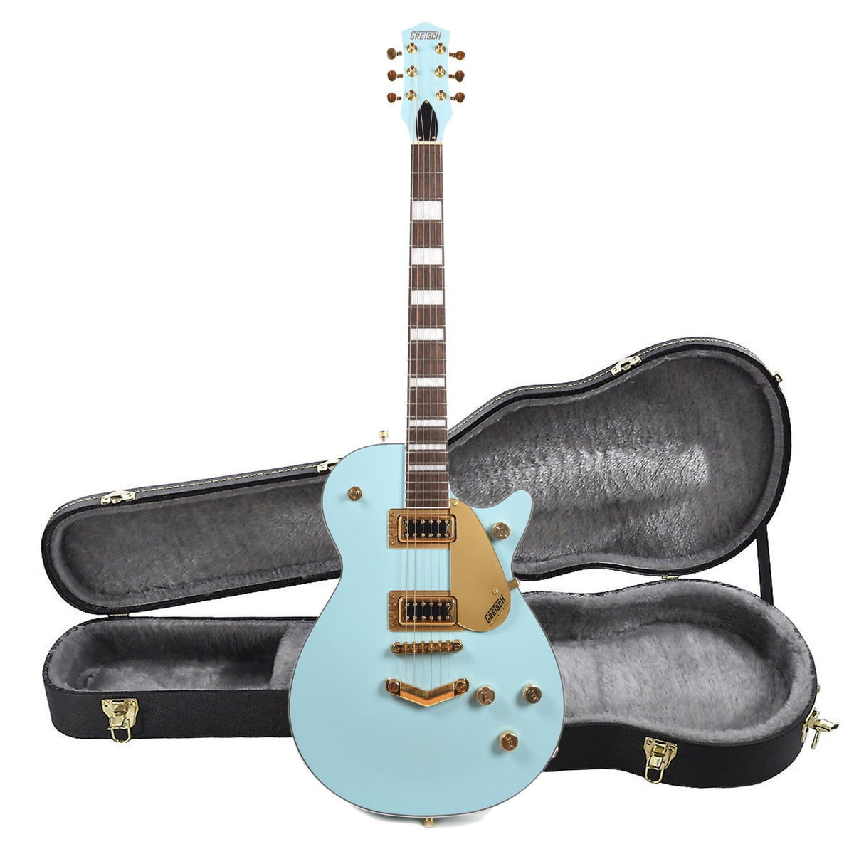 Gretsch G5230 Electromatic Jet FT Daphne Blue w/Gold Hardware and Hardshell Case Bundle - MusicMarket