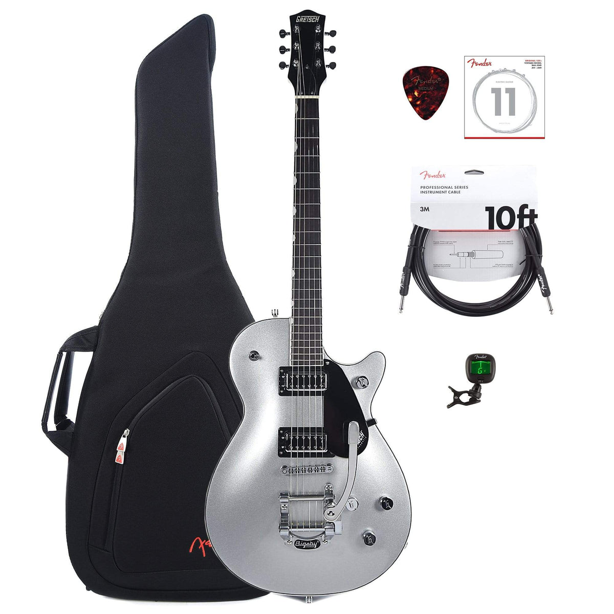 Gretsch G5230T Electromatic Jet FT Airline Silver w/Gig Bag, Tuner, (1) Cable, Picks and Strings Bundle - MusicMarket