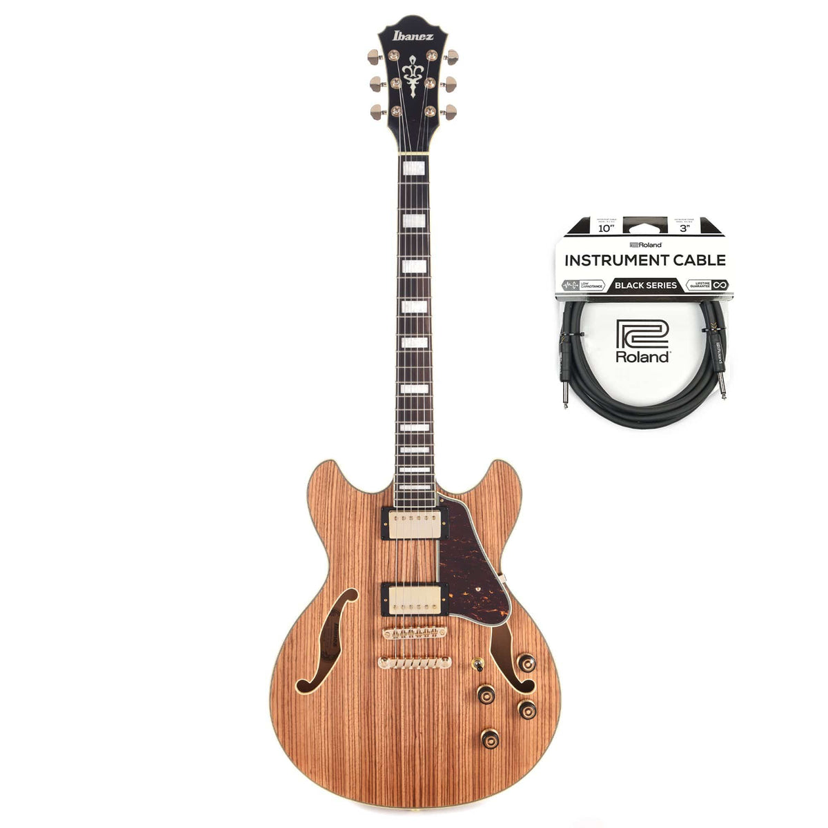 Ibanez AS93ZW Artcore Expressionist Zebra Wood Semi-Hollow Body Cable Bundle - MusicMarket