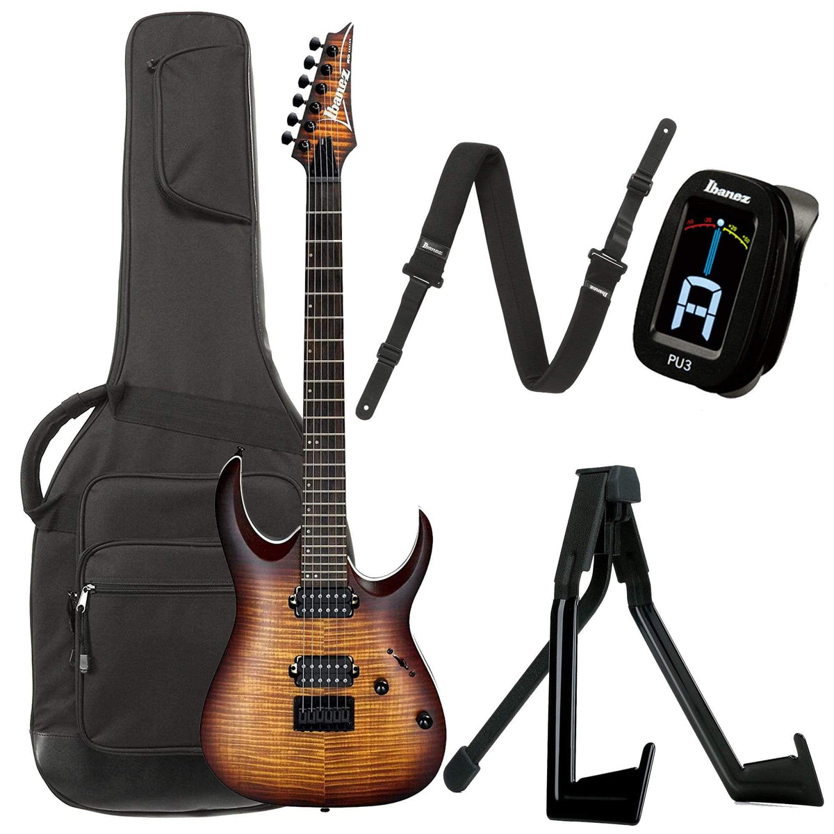 Ibanez RGA42FM Dragon Eye Burst Flat Bundle w/ Ibanez Gig Bag, Stand, Tuner and Strap - MusicMarket