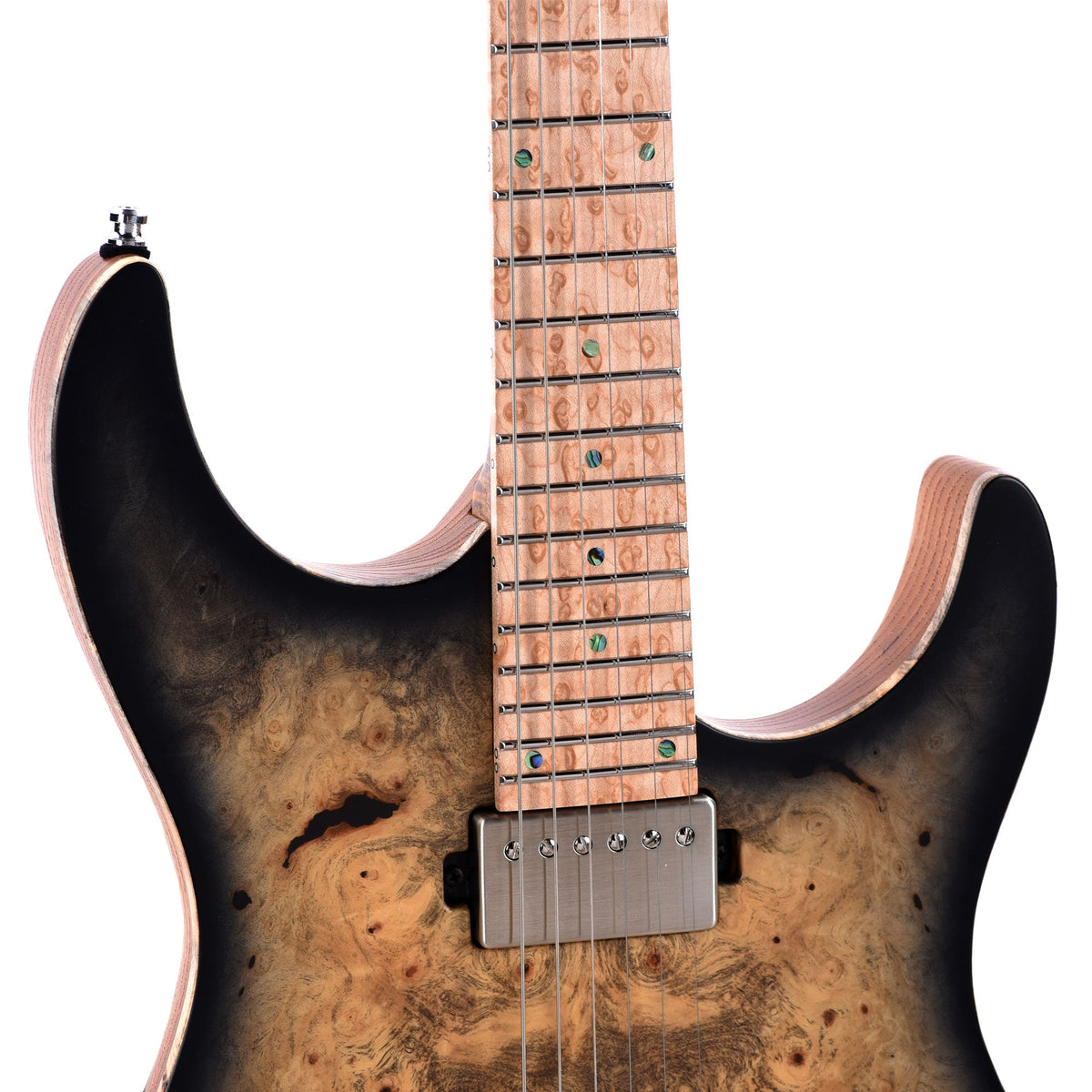Mayones Aquila Elite S 6 Master Grade Buckeye Burl/Swamp Ash Trans Natural Black Burst Satin - View 14 | MusicMarket