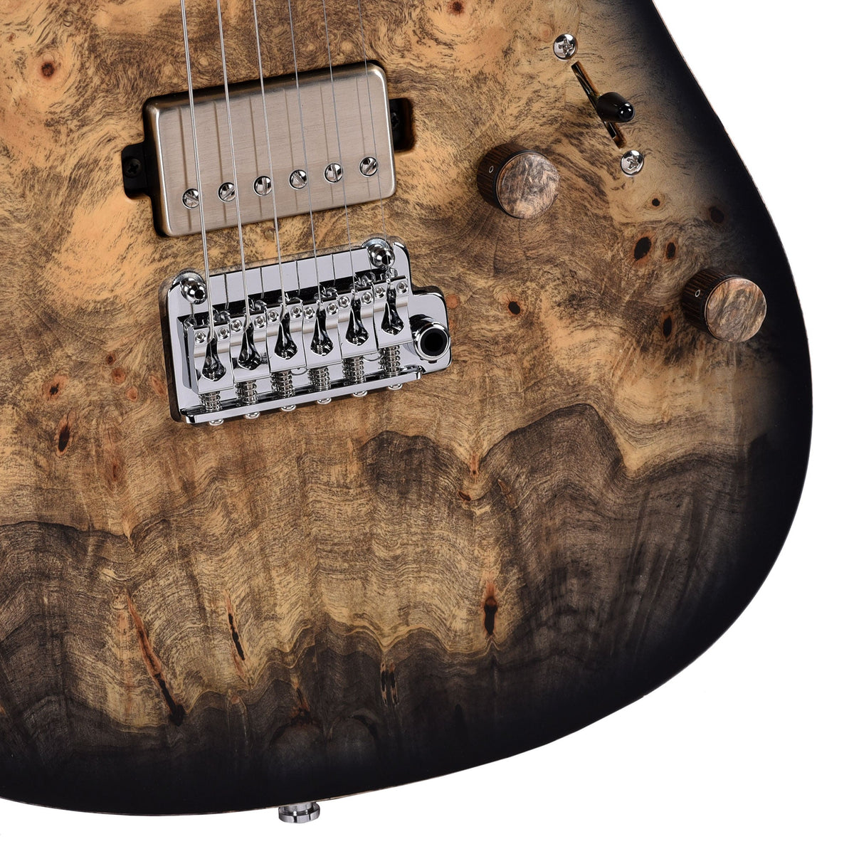 Mayones Aquila Elite S 6 Master Grade Buckeye Burl/Swamp Ash Trans Natural Black Burst Satin - View 16 | MusicMarket