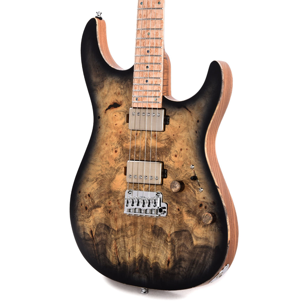 Mayones Aquila Elite S 6 Master Grade Buckeye Burl/Swamp Ash Trans Natural Black Burst Satin - View 3 | MusicMarket
