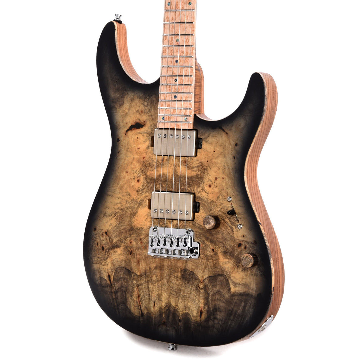 Mayones Aquila Elite S 6 Master Grade Buckeye Burl/Swamp Ash Trans Natural Black Burst Satin - View 3 | MusicMarket