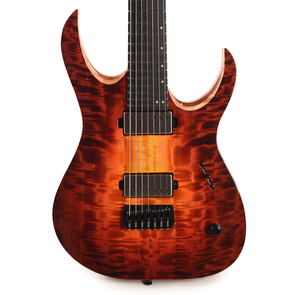 Mayones Duvell Elite 7 AAA Curly Poplar/Mahogany Lava Burst - View 2 | MusicMarket