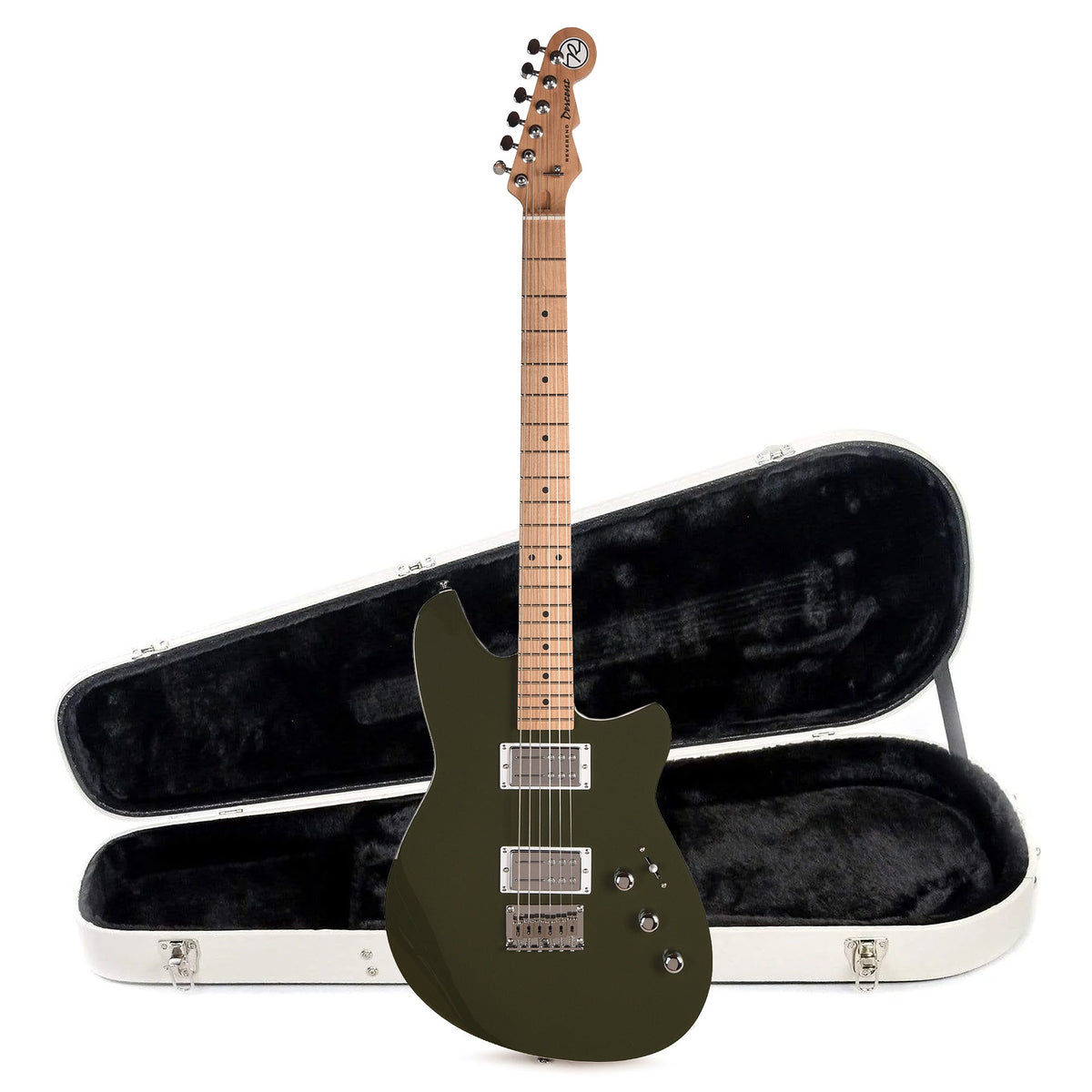 Reverend Descent Baritone Electric Guitar Army Green and Teardrop Two Tone Case Bundle - MusicMarket