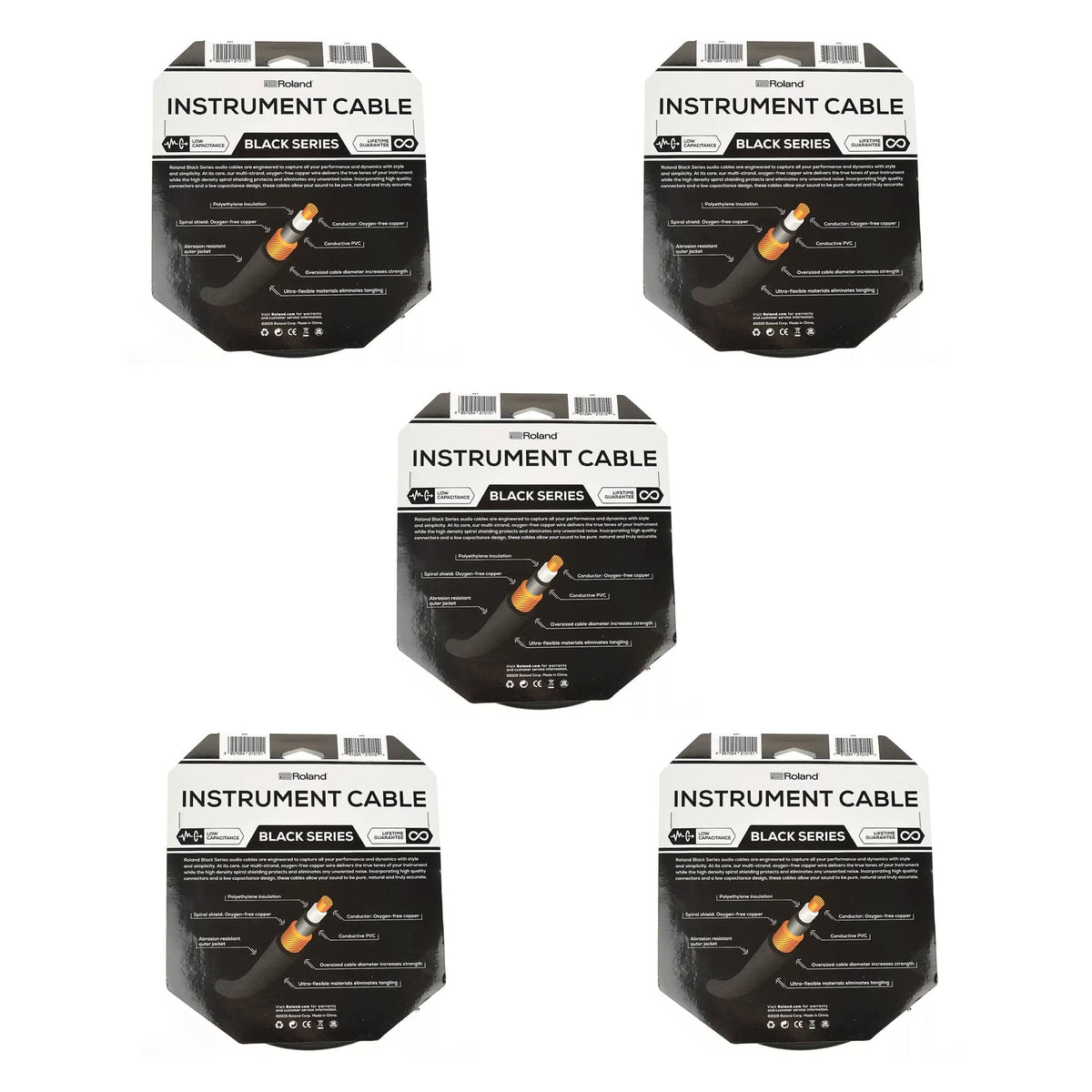 Roland Black Series 20ft A/S 1/4" Instrument Cable 5 Pack Bundle - MusicMarket