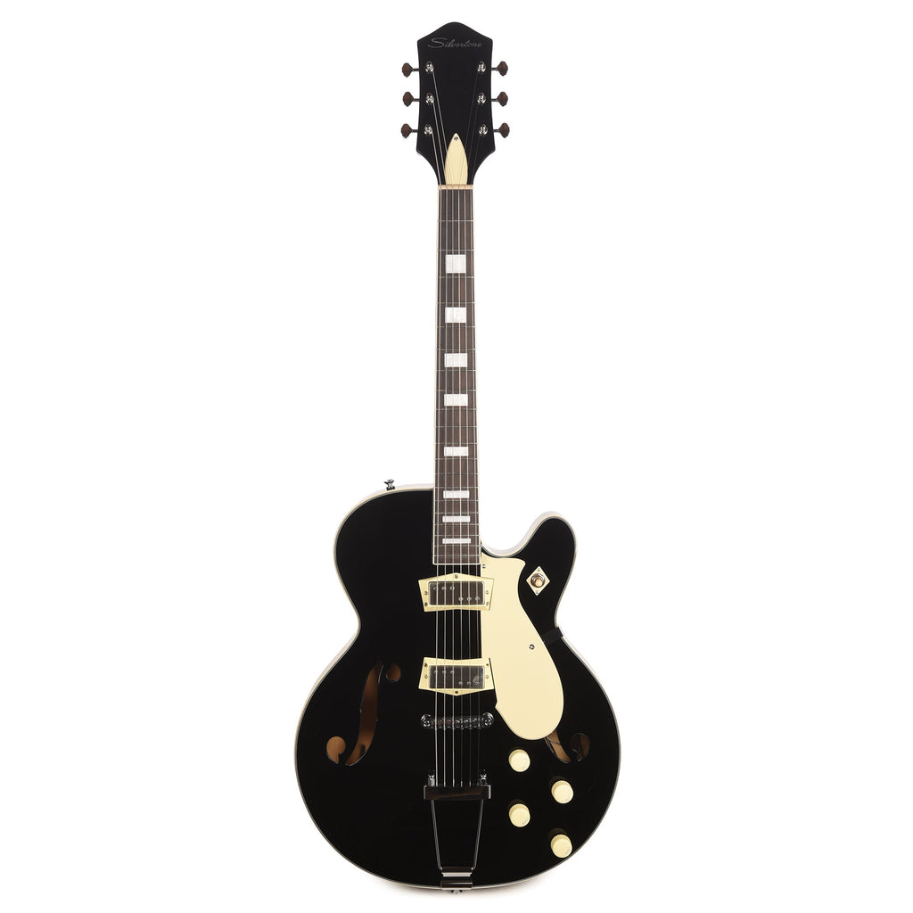 Silvertone 1446 TBK Single Cut Semi-Hollow Electric Guitar w/ Trapeze Tailpiece Gloss Black - View 4 | MusicMarket