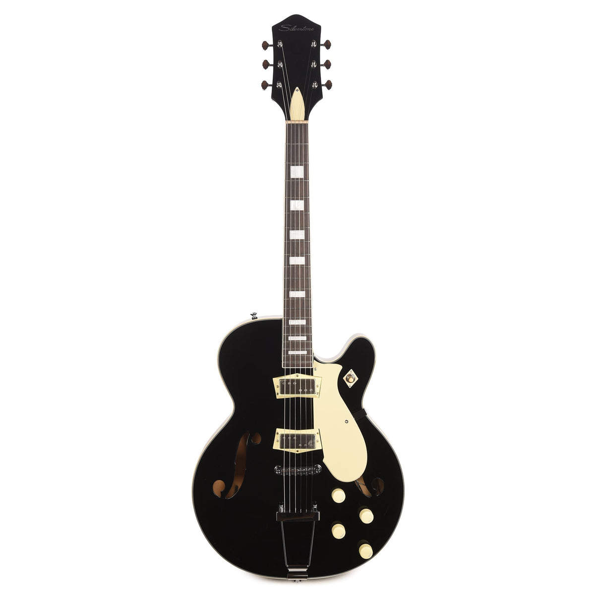 Silvertone 1446 TBK Single Cut Semi-Hollow Electric Guitar w/ Trapeze Tailpiece Gloss Black - View 4 | MusicMarket