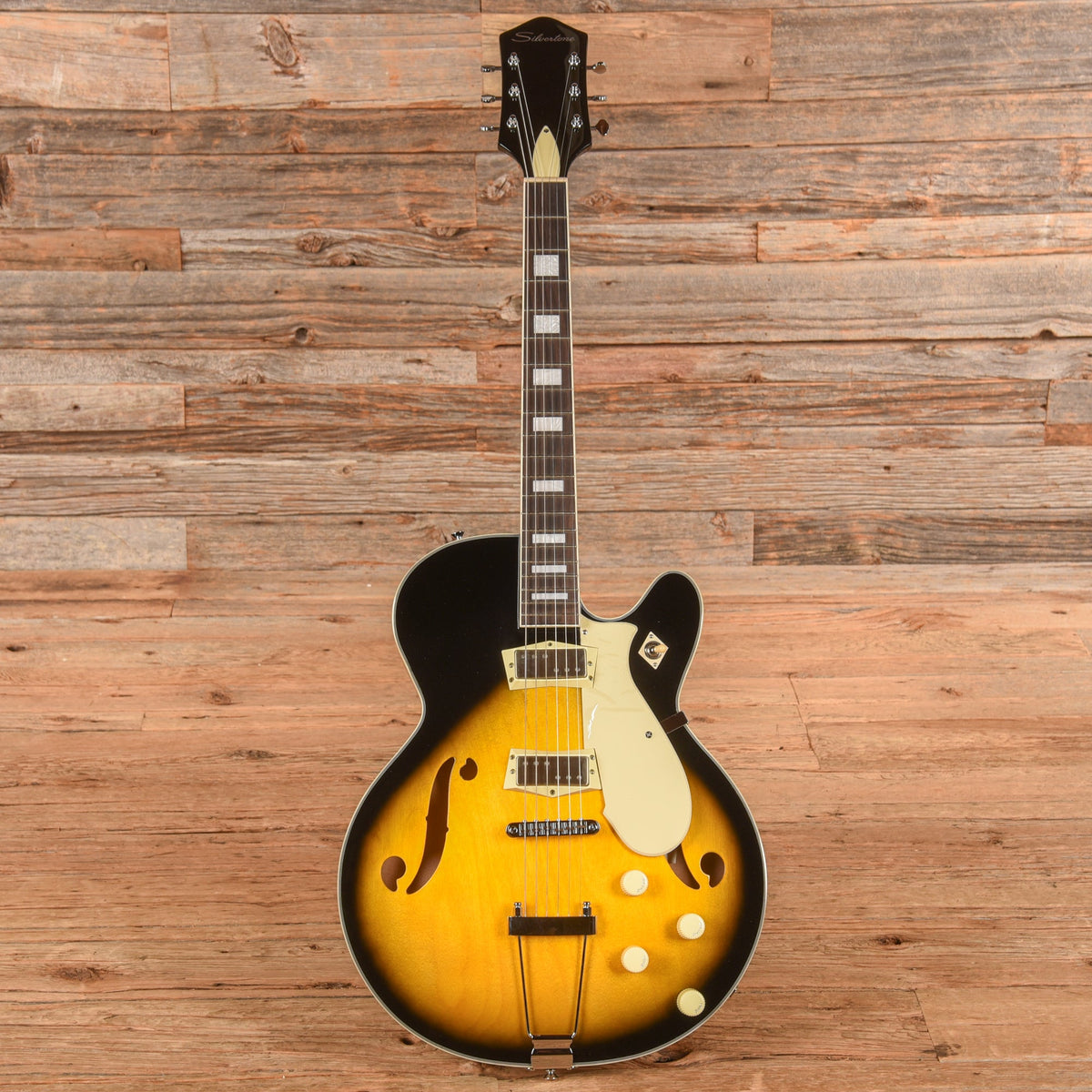 Silvertone 1446 TTSB Single Cut Semi-Hollow Electric Guitar w/ Trapeze Tailpiece Tobacco Sunburst - View 4 | MusicMarket