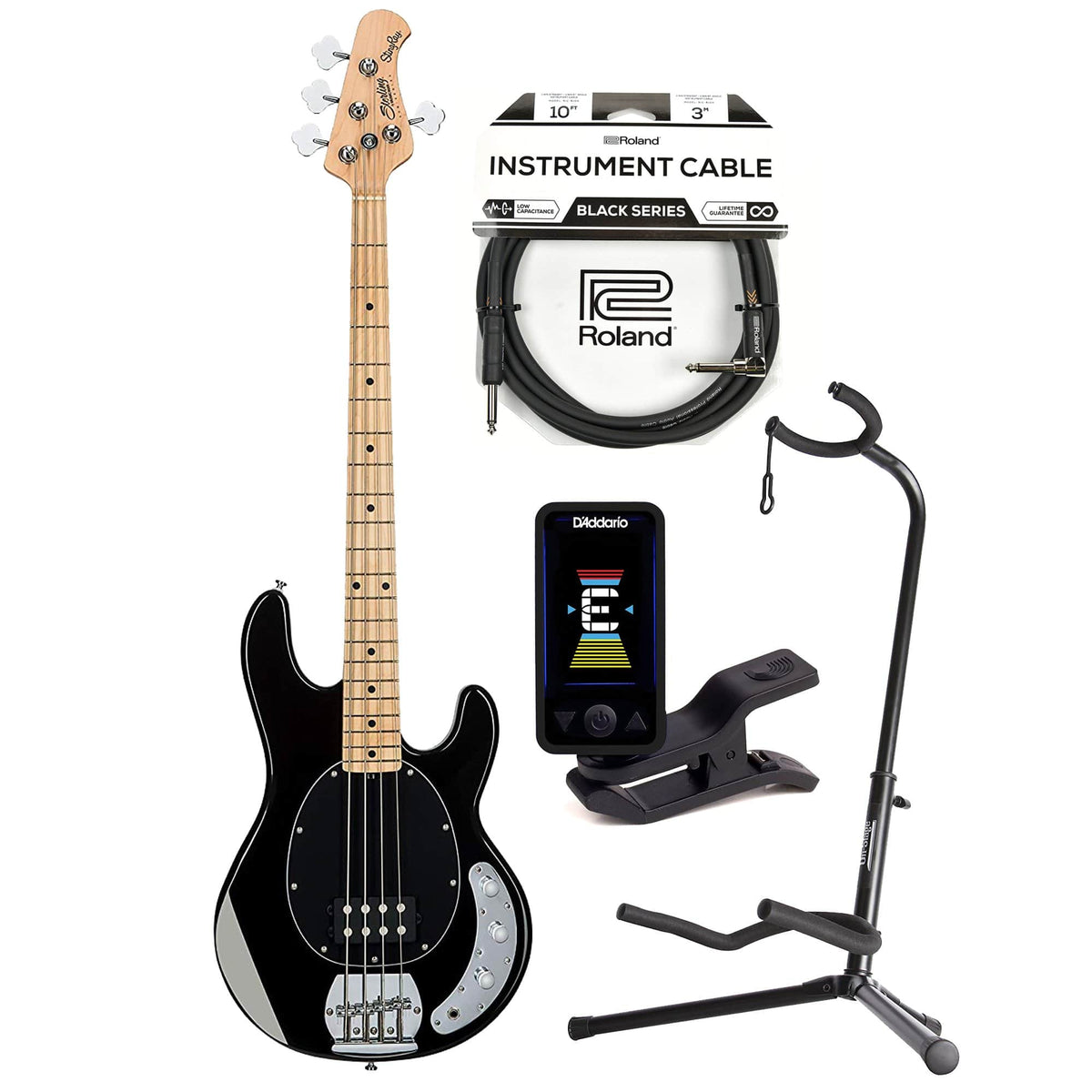 Sterling by Music Man S.U.B. Series StingRay Black w/Guitar Stand, Tuner and 10' Cable Bundle - MusicMarket
