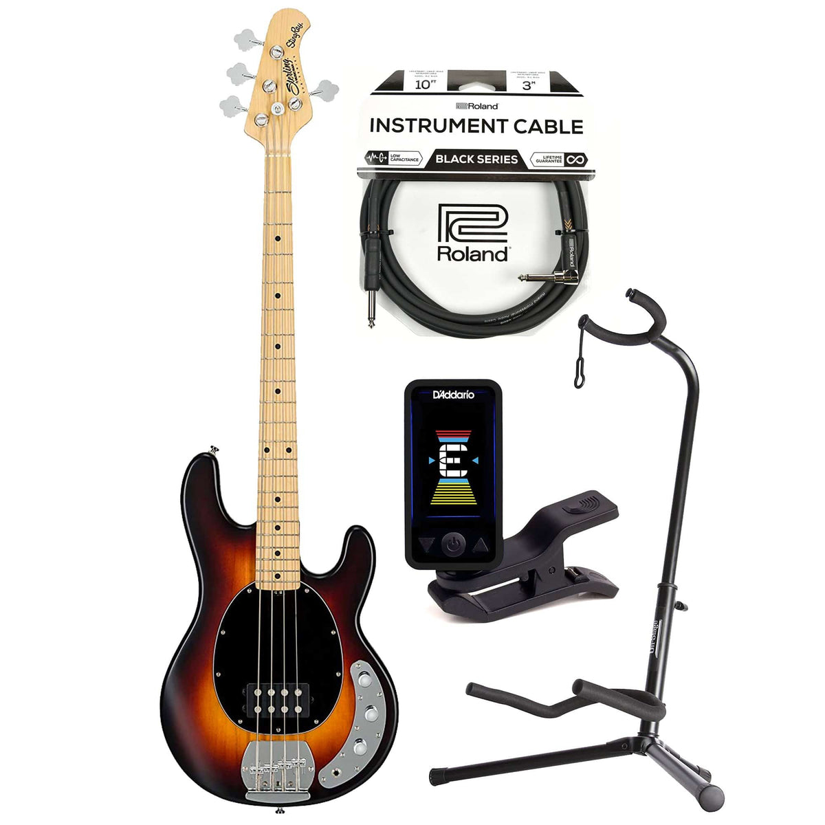 Sterling by Music Man S.U.B. Series StingRay Vintage Sunburst Satin w/Guitar Stand, Tuner and 10' Cable Bundle -