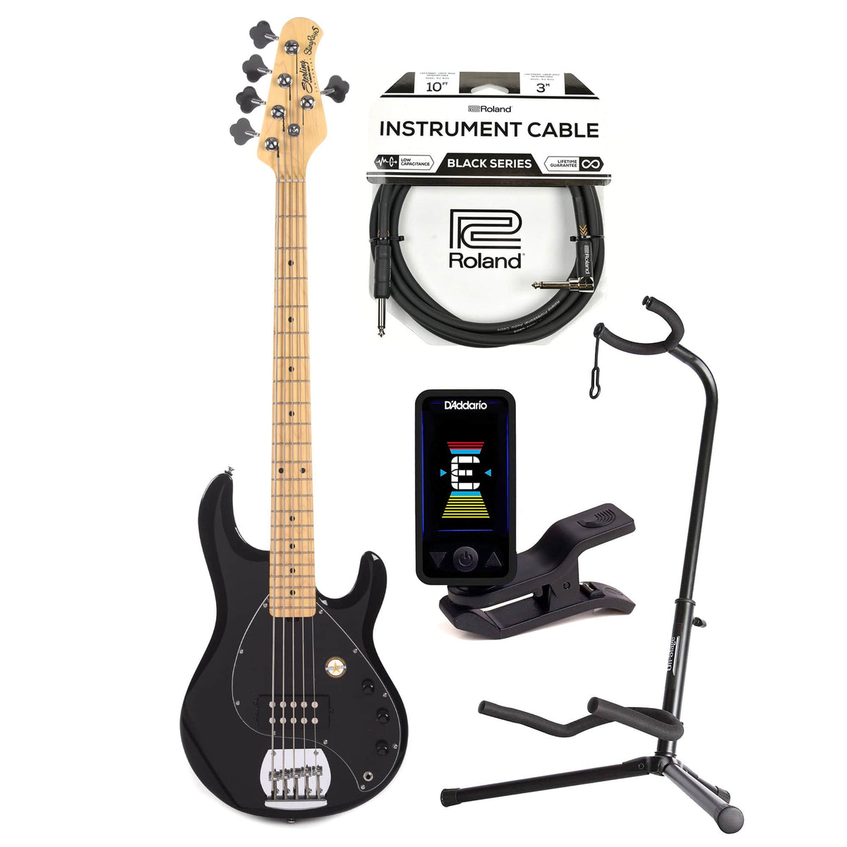 Sterling by Music Man S.U.B. Series StingRay5 5-String Black w/Guitar Stand, Tuner and 10' Cable Bundle - MusicMarket