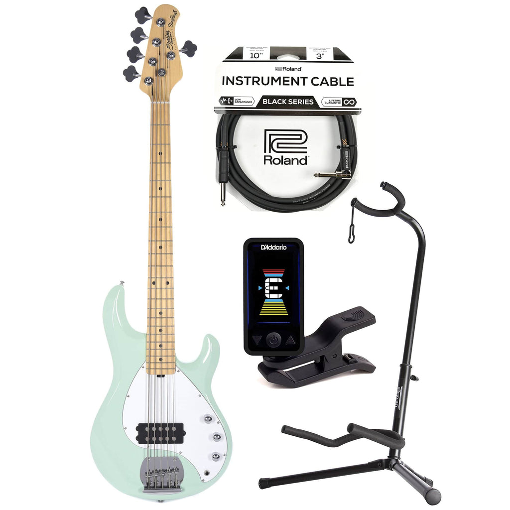 Sterling by Music Man S.U.B. Series StingRay5 5-String Mint Green w/Guitar Stand, Tuner and 10' Cable Bundle -