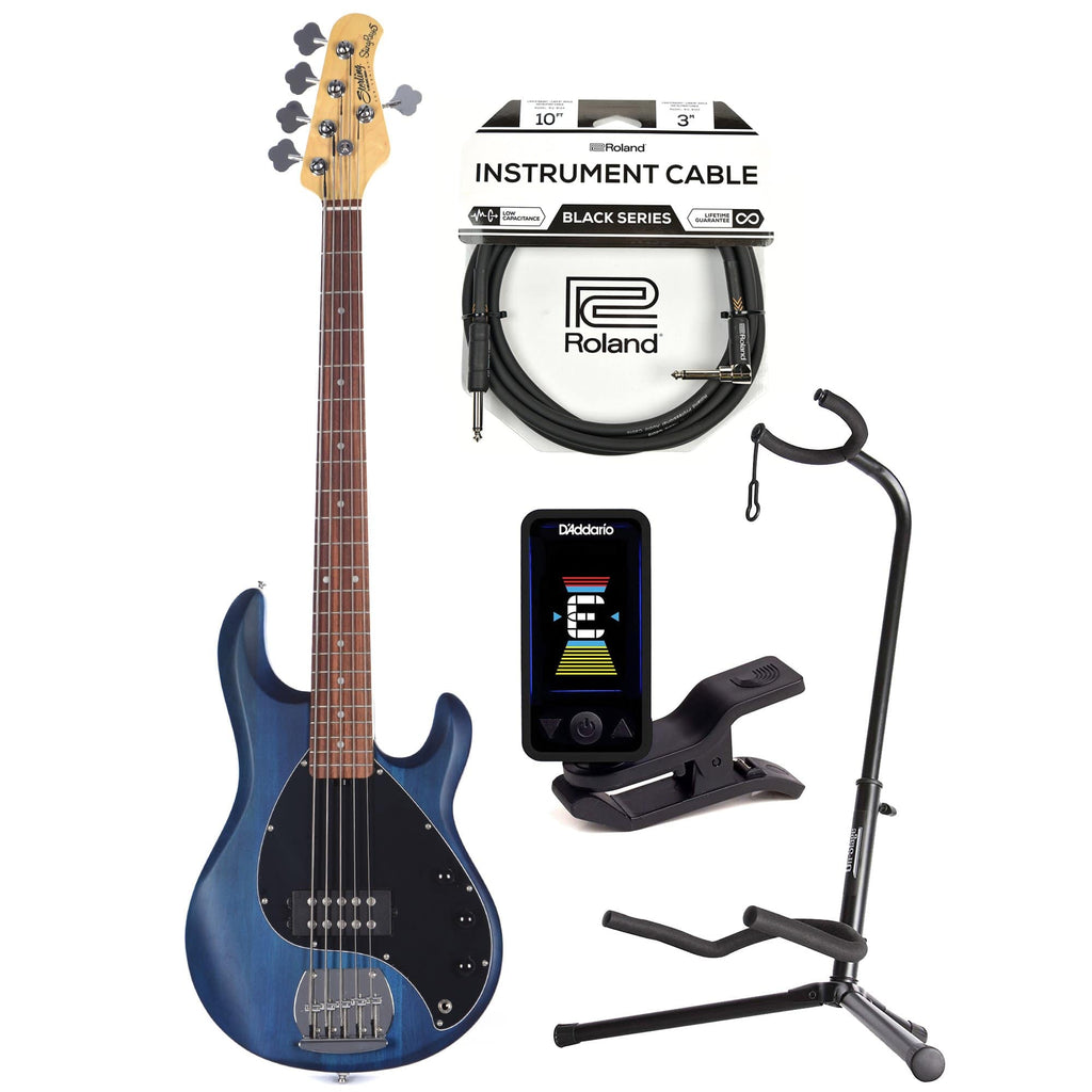 Sterling by Music Man S.U.B. Series StingRay5 5-String Trans Blue Satin w/Guitar Stand, Tuner and 10' Cable Bundle