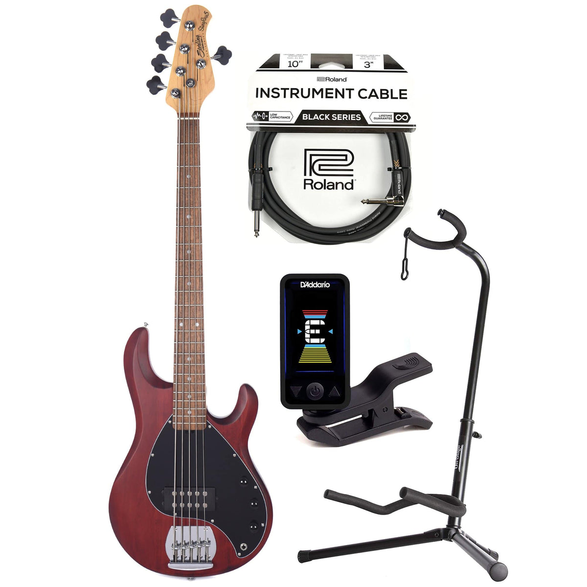 Sterling by Music Man S.U.B. Series StingRay5 5-String Walnut Satin w/Guitar Stand, Tuner and 10' Cable Bundle -
