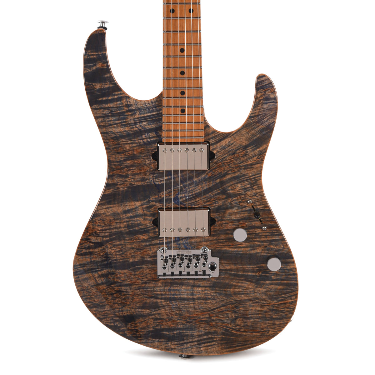 Suhr Custom Modern Trans Blue Denim w/CME-Selected Waterfall Burl Maple 1-Piece Top - View 2 | MusicMarket