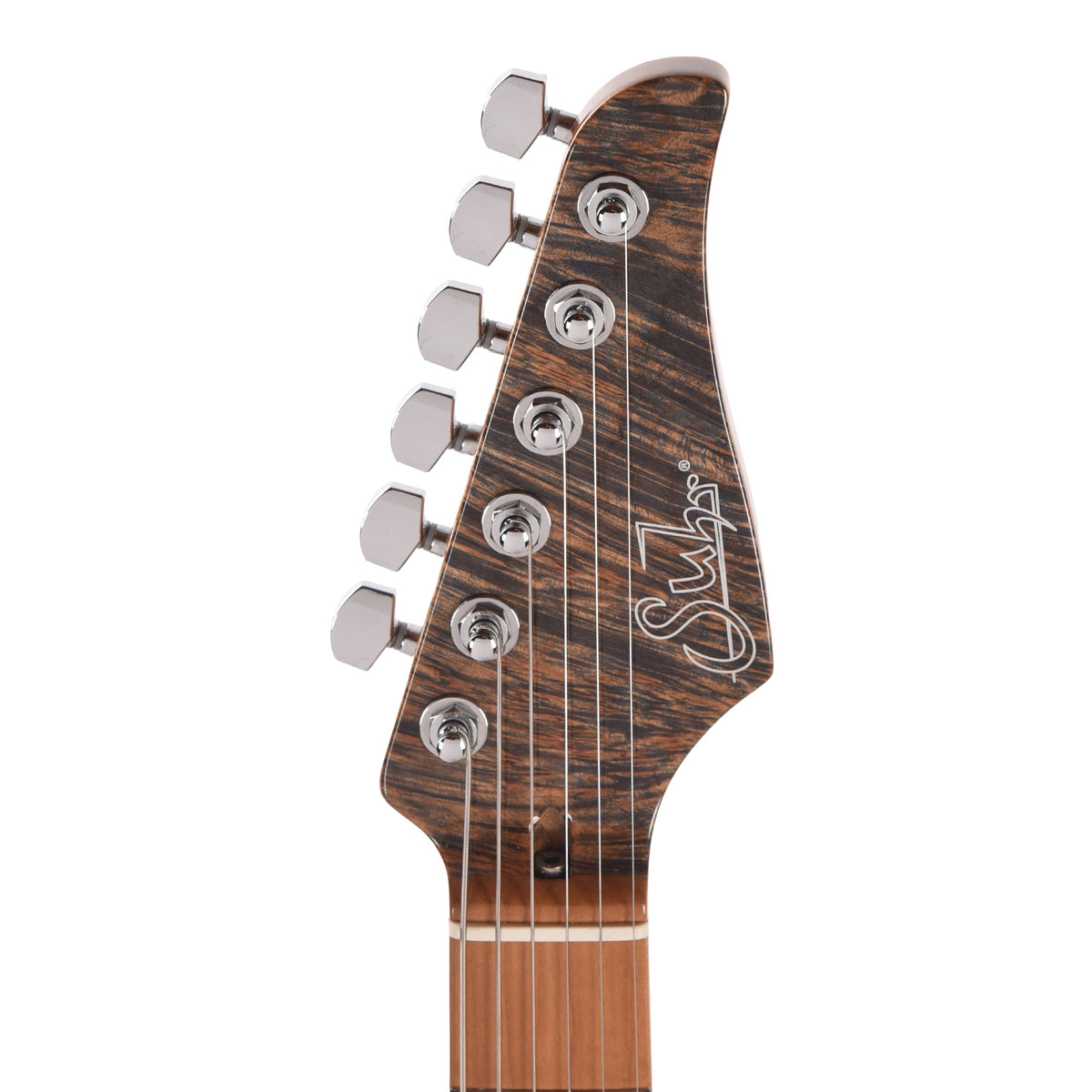 Suhr Custom Modern Trans Blue Denim w/CME-Selected Waterfall Burl Maple 1-Piece Top - View 7 | MusicMarket
