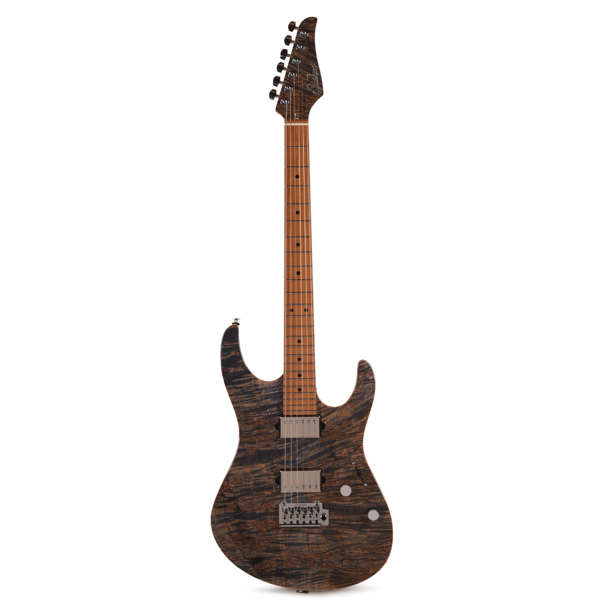 Suhr Custom Modern Trans Blue Denim w/CME-Selected Waterfall Burl Maple 1-Piece Top - View 5 | MusicMarket