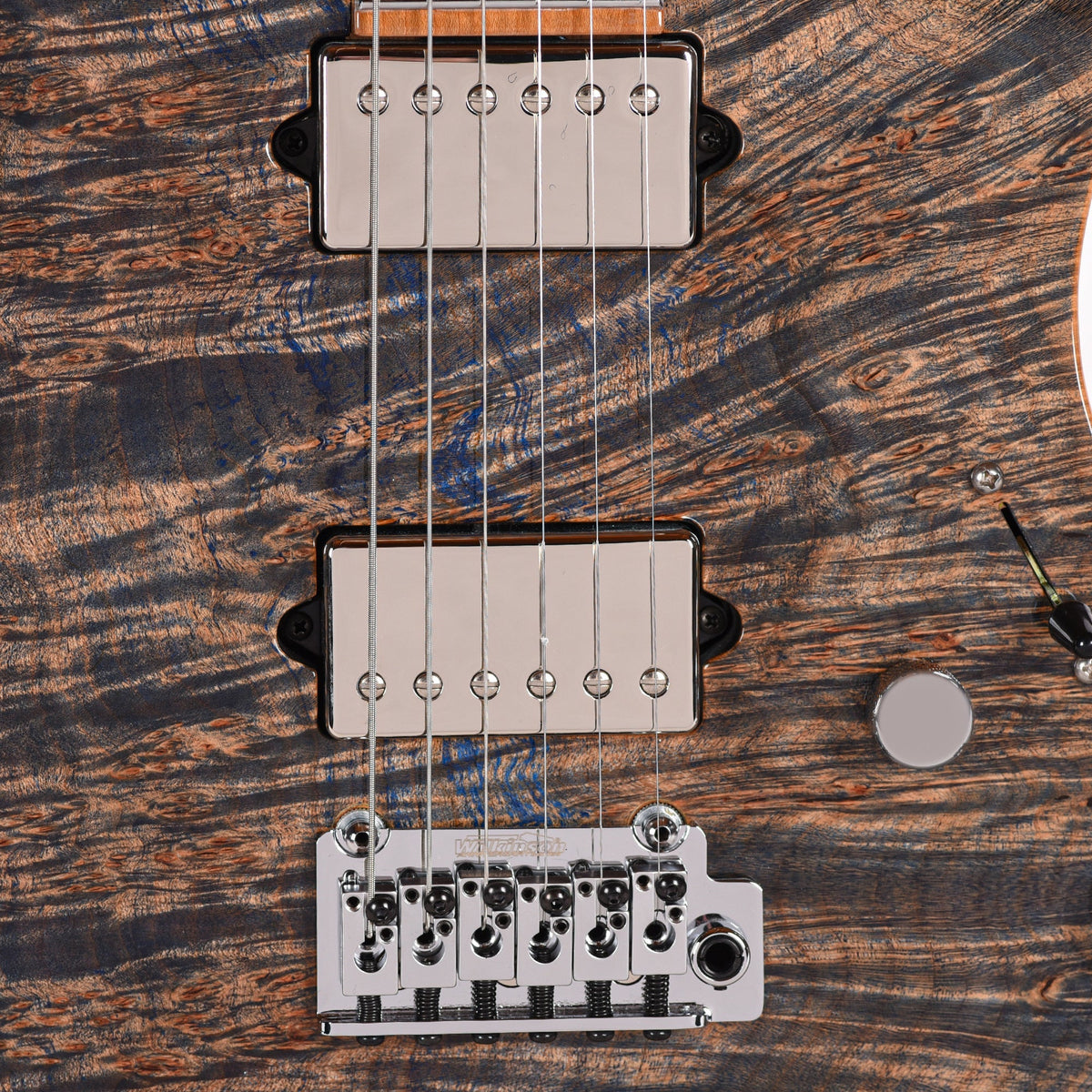 Suhr Custom Modern Trans Blue Denim w/CME-Selected Waterfall Burl Maple 1-Piece Top - View 10 | MusicMarket