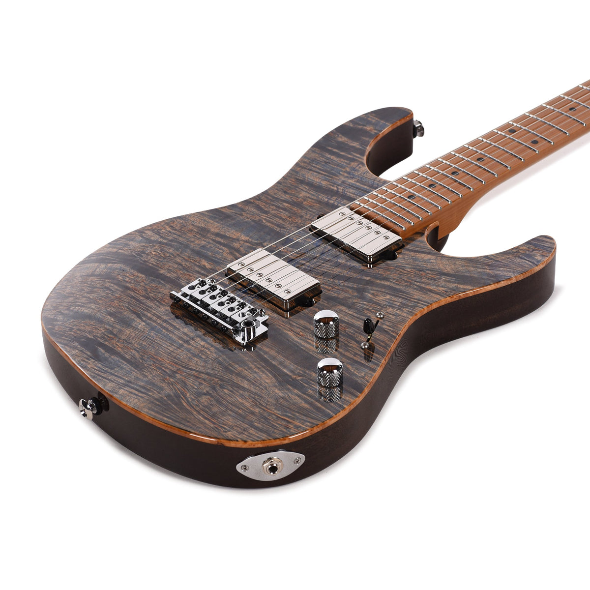 Suhr Custom Modern Trans Blue Denim w/CME-Selected Waterfall Burl Maple 1-Piece Top - View 12 | MusicMarket