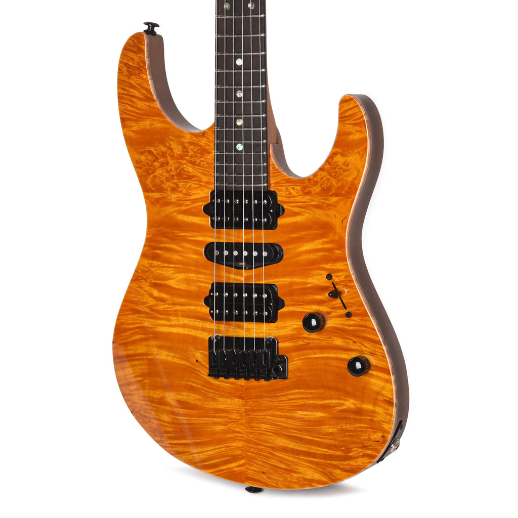 Suhr Custom Modern Trans Caramel w/ CME-Selected Waterfall Burl Maple Top - View 3 | MusicMarket