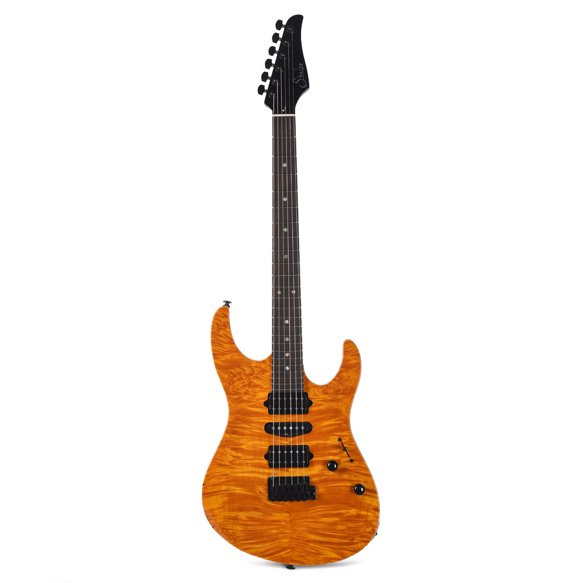 Suhr Custom Modern Trans Caramel w/ CME-Selected Waterfall Burl Maple Top - View 5 | MusicMarket