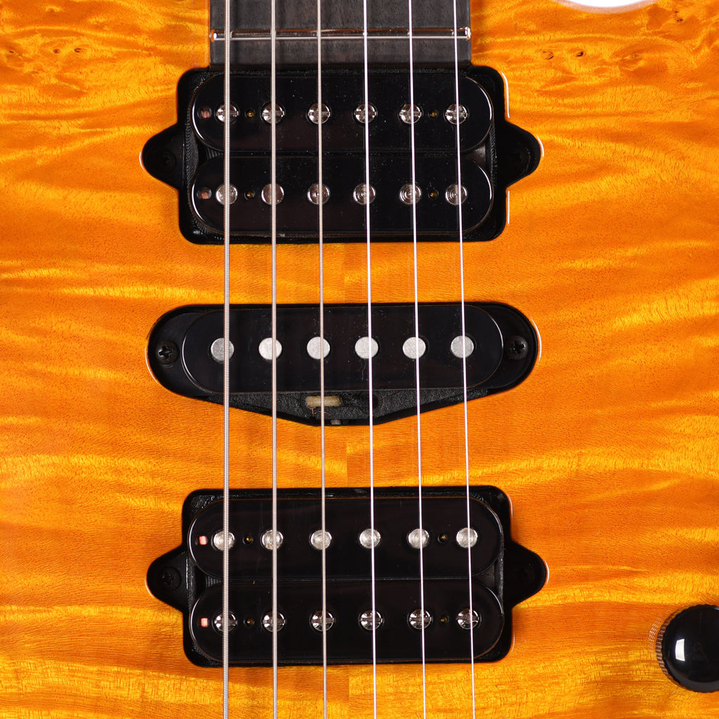 Suhr Custom Modern Trans Caramel w/ CME-Selected Waterfall Burl Maple Top - View 10 | MusicMarket